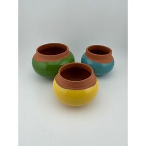 Set of 3 Bauer Pottery Small Round‎ Bowls Planters Vases Green Yellow Teal